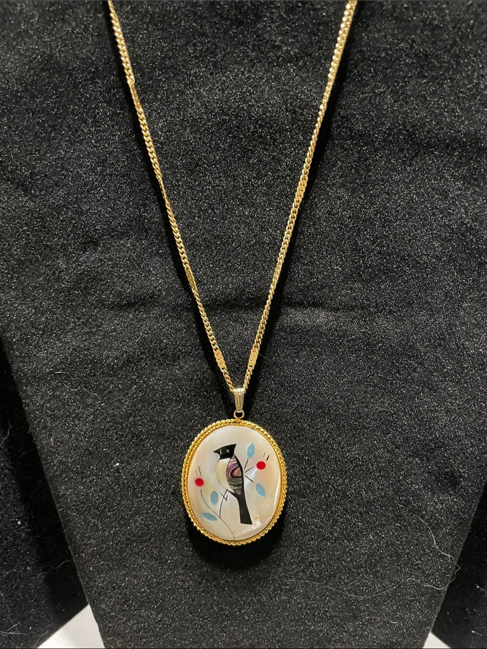 Gold-Tone Bird Pendant Necklace with Inlay Accent.  M’s